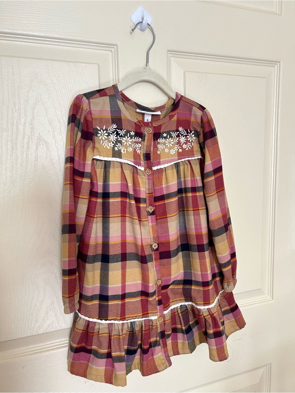 5T Girls Plaid Button-Front Dress Floral Embroidery Autumn Colors Thanksgiving